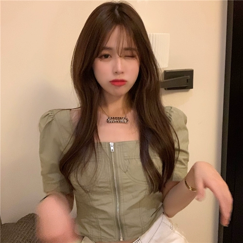 Летняя ретро сексуальная короткая рубашка с молнией, 2020, в корейском стиле, французский стиль, квадратный вырез, рукава фонарики, яркий броский стиль