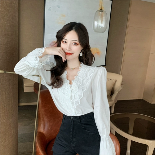 Осенний кружевной лонгслив, кукла, сексуальная рубашка, коллекция 2021, французский стиль, кружевное платье, V-образный вырез, рукава фонарики