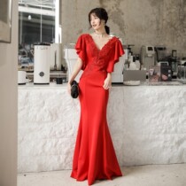 Elegant toast bride long red deep V-collar flying sleeves Thank you banquet slim fish tail dress wedding evening dress women