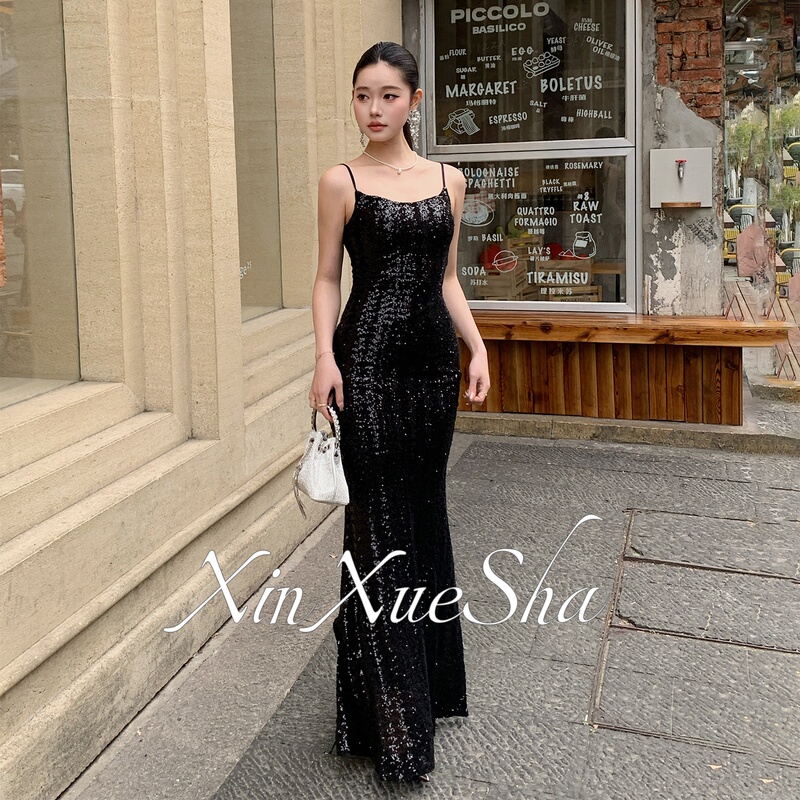 Black Sequin Evening Dress with Straps, Fishtail Long Dress, Elegant for Banquets, Annual Meetings, Birthday Parties, Hostess, Graduation Black Dress