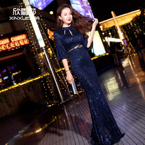 Banquet performance evening dress elegant round neck Half sleeve fishtail long model host dress dress dress
