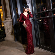 High-end evening dress female 2021 New Sequins Noble Banquet fishtail long host wine red awe