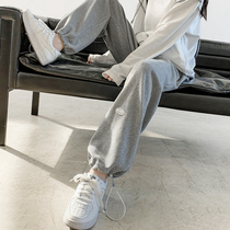2022 new gray wide-leg sports pants womens high waist loose autumn and winter plus velvet thickened American style trousers