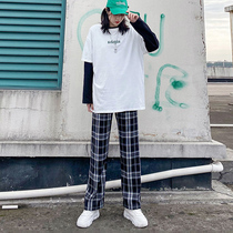 2021 new spring and autumn straight tube black and white plaid wide leg pants female Korean version of high waist drop feeling loose slim Leisure
