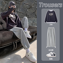 Grey Beamed Sports Pants Womens Loose 2022 New Autumn and Winter Plus Velvet Thickened High Waist Casual American Sweater Pants