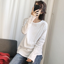 Long sleeve T-shirt female 2021 Autumn New Korean version of loose white hemp cotton bottoming coat ins Super fire wild Tide brand