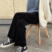 2022 new spring and autumn black corduroy knitted wide-leg pants womens loose straight high waist show thin and drape casual