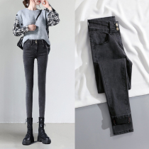 Spring and autumn smoky gray skinny jeans womens high waist and thin 2022 new autumn and winter plus velvet slim fit nine-point feet