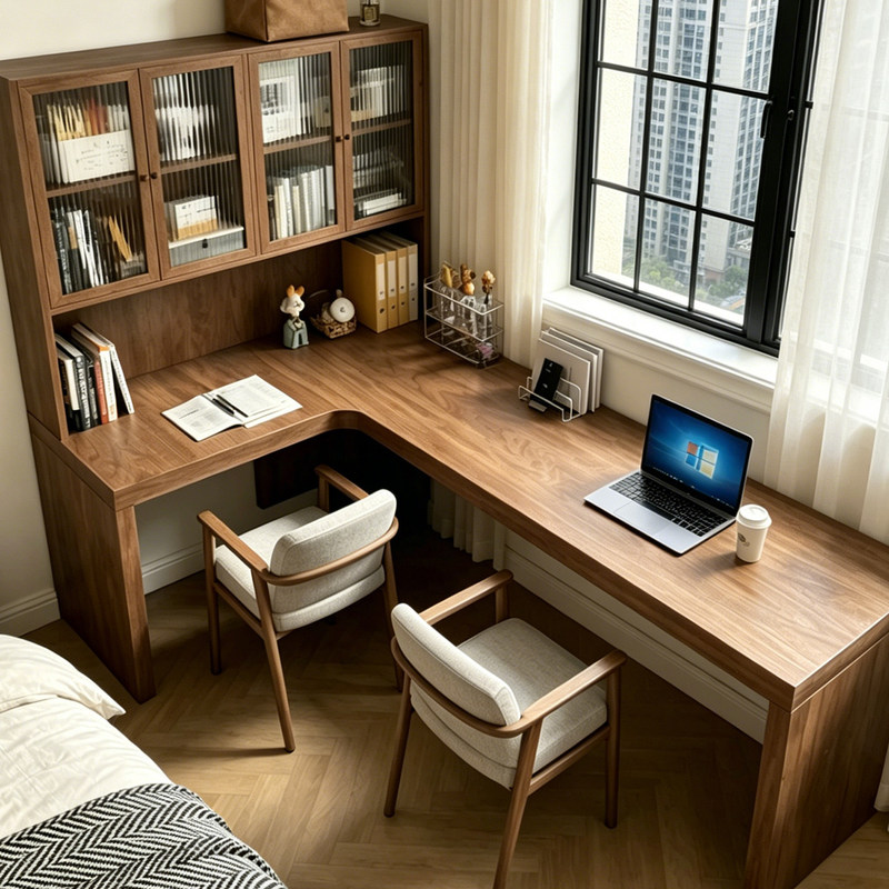 Nordic Solid Wood Corner Desk with Integrated Bookshelf, Home Bedroom Office Workstation, Wall-Mounted L-Shaped Computer Desk Nordic Solid Wood Corner Desk with Integrated Bookshelf, Home Bedroom Office Workstation, Wall-Mounted L-Shaped Computer Desk