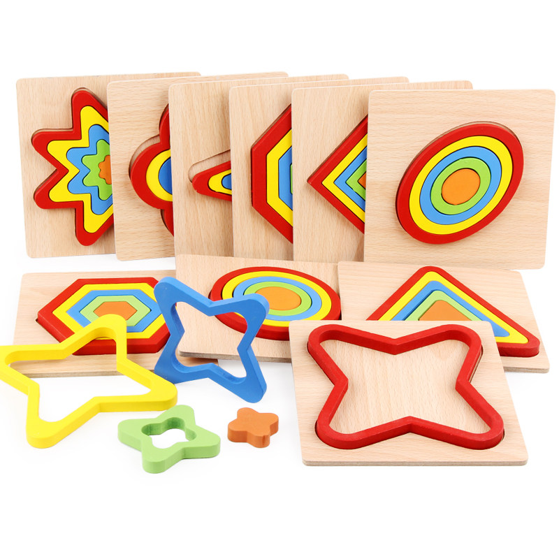 1-2-3-year-old geometric shape Cognitive Jointed Board Early Teaching Wooden Jigsaw Puzzle Matchboard Children Puzzle Building Blocks Toys-Taobao
