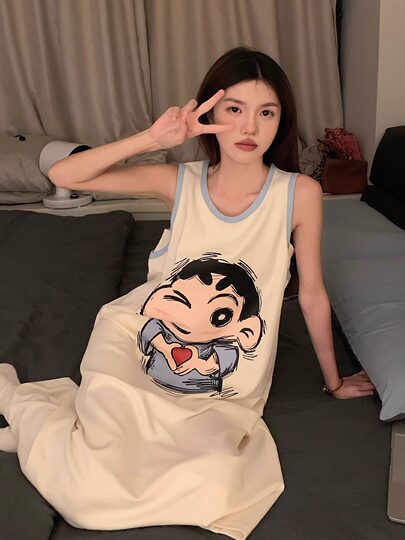 Crayon Shin-chan 2025 New Pajamas with Breast Pads Women’s Summer Vest Cute Cartoon Nightgown Summer Home Clothes Thin