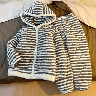 Striped Coral Fleece Pajamas for Women, Winter 2025 New Style, High-End Hooded Three-Layer Quilted Thickened Warm Loungewear