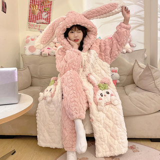 Autumn and Winter Coral Velvet Three-Layer Quilted Nightgown for Women, Fleece-Lined and Thickened, Winter Style Bathrobe, Pajamas, Flannel Home Wear