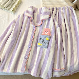 2024 New Style Ruby Coral Velvet Pajamas for Women, Autumn and Winter Warm Long-Sleeved Flannel Fleece-Lined Thickened Loungewear