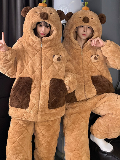 2025 New Cartoon Coral Fleece Couple Pajamas Women's Autumn and Winter Plus Velvet Thickened Three-Layer Quilted Men's Home Clothes