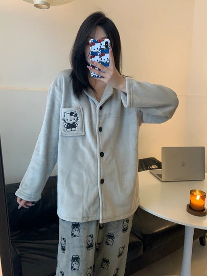 KT Cat 2024 new coral velvet pajamas for women in autumn and winter flannel high-quality plus velvet thickening warm and cute