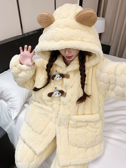 2025 New Style Puppy Hooded Coral Fleece Pajamas for Women, Autumn and Winter, Three-Layer Quilted Thickened Flannel Loungewear