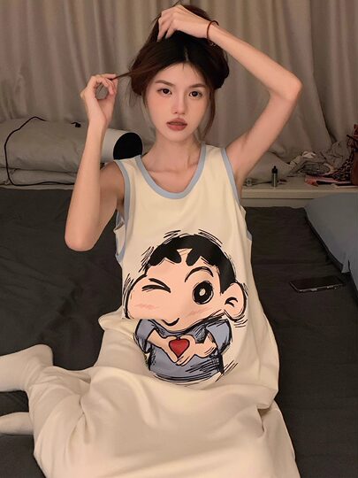 Crayon Shin-chan 2025 New Pajamas with Breast Pads Women’s Summer Vest Cute Cartoon Nightgown Summer Home Clothes Thin