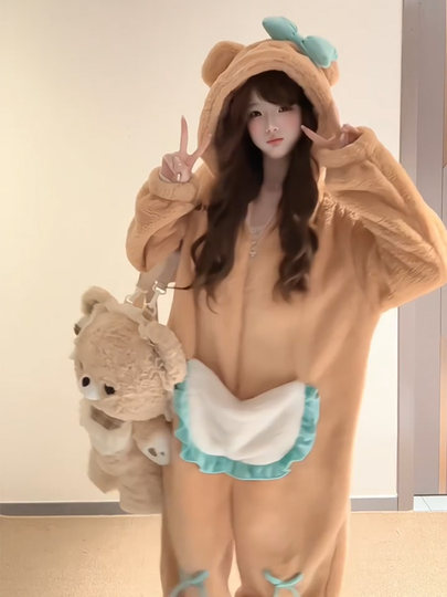 2025 New Butter Bear Coral Fleece One-piece Pajamas Women's Autumn and Winter Hooded Thickened Flannel Home Clothes