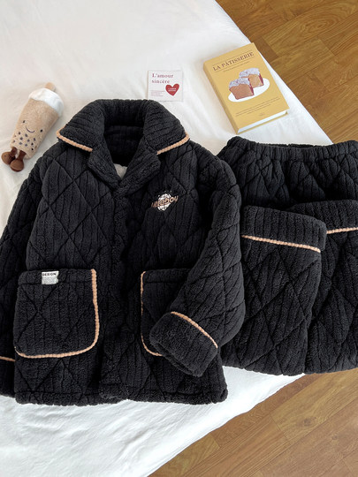 2026 New High-End Coral Velvet Pajamas for Men, Winter Three-Layer Quilted Cotton, Fleece-Lined and Thickened, Youth Loungewear