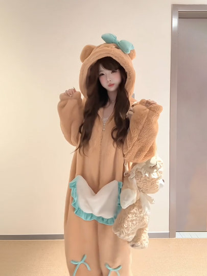 2025 New Butter Bear Coral Fleece One-piece Pajamas Women's Autumn and Winter Hooded Thickened Flannel Home Clothes