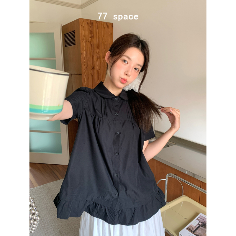 Bwsz Black Ruffled Shirt for Women, Summer Korean Style, Unique and Super Pretty Doll Collar Short-Sleeve Top Bwsz Black Ruffled Shirt for Women, Summer Korean Style, Unique and Super Pretty Doll Collar Short-Sleeve Top