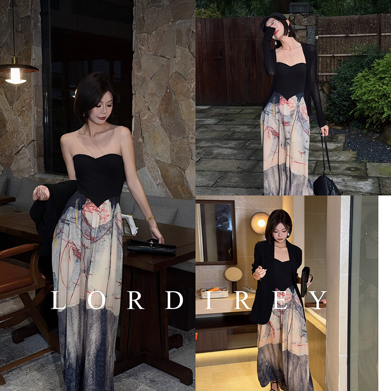 Lordirey/【Hua Yan】Tube Top Dress with Ink Painting Print, Feminine, Slimming, Atmospheric Long Dress Lordirey/【Hua Yan】Tube Top Dress with Ink Painting Print, Feminine, Slimming, Atmospheric Long Dress