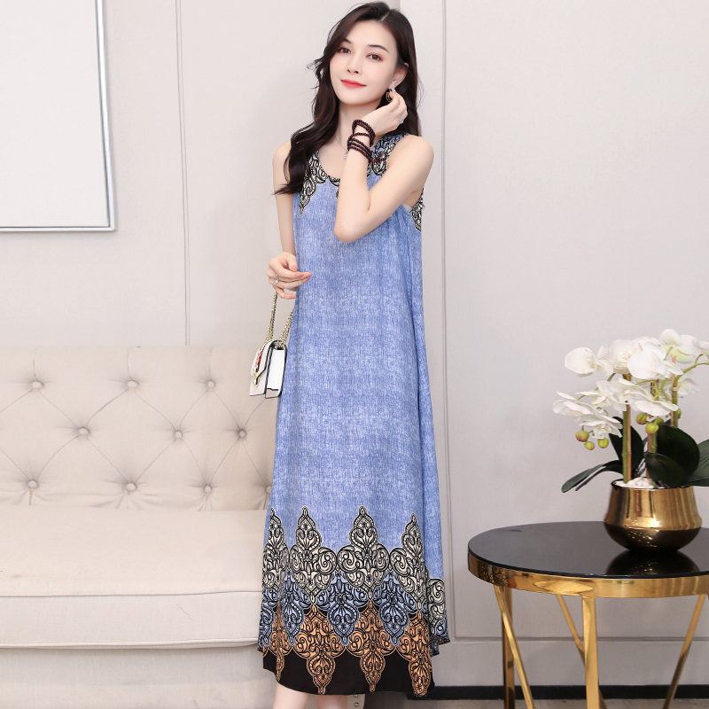 27poplin  Nightdress female pure cotton new pattern summer Thin Sleeveless Medium and long term Increase fertilizer Big size easy Fat mm pajamas