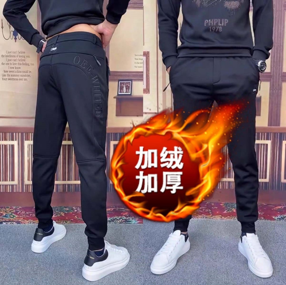 Shivering Tongan Mu Yan Casual Pants Autumn Winter Men's Pants New Letters Splicing Plus Suede Thickened Men's Bouquet Pants Muter