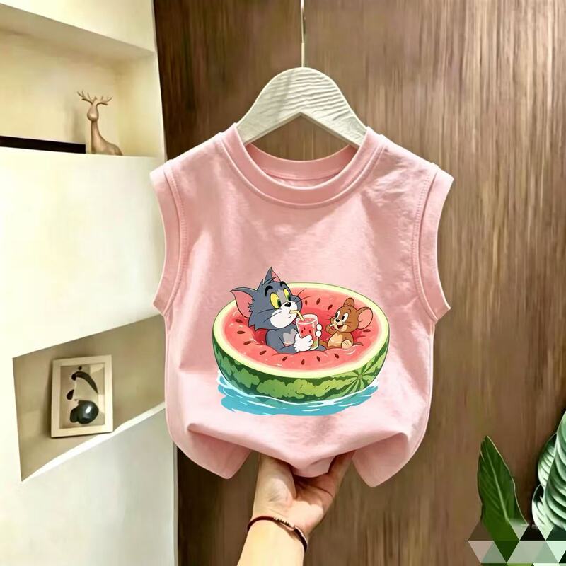 2026 New Model Tom and Jerry Pure Cotton Sleeveless T-Shirt for Boys and Girls, Popular Children's Vest, Thin Style for Small and Medium-Sized Children 2026 New Model Tom and Jerry Pure Cotton Sleeveless T-Shirt for Boys and Girls, Popular Children's Vest, Thin Style for Small and Medium-Sized Children
