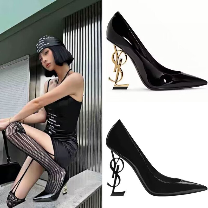 High-End! Parisian Summer Genuine Leather Versatile High-Heeled Women's Shoes with Patent Leather, Metal Irregular Letter Heels, Shallow Pointed Toe Single Shoes High-End! Parisian Summer Genuine Leather Versatile High-Heeled Women's Shoes with Patent Leather, Metal Irregular Letter Heels, Shallow Pointed Toe Single Shoes