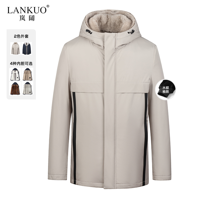 Lankuo High-End Parka Coat with Mink Fur Lining, Fashionable Hooded Mid-Length Mink Fur Coat for Middle-Aged People