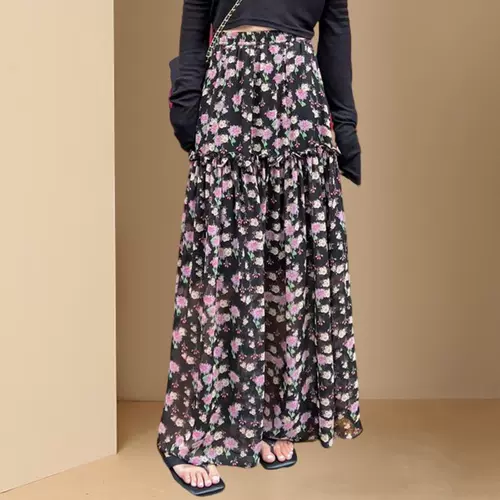 Летняя шифоновая элитная осенняя длинная юбка, А-силуэт, в западном стиле, цветочный принт