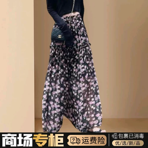 Летняя шифоновая элитная осенняя длинная юбка, А-силуэт, в западном стиле, цветочный принт