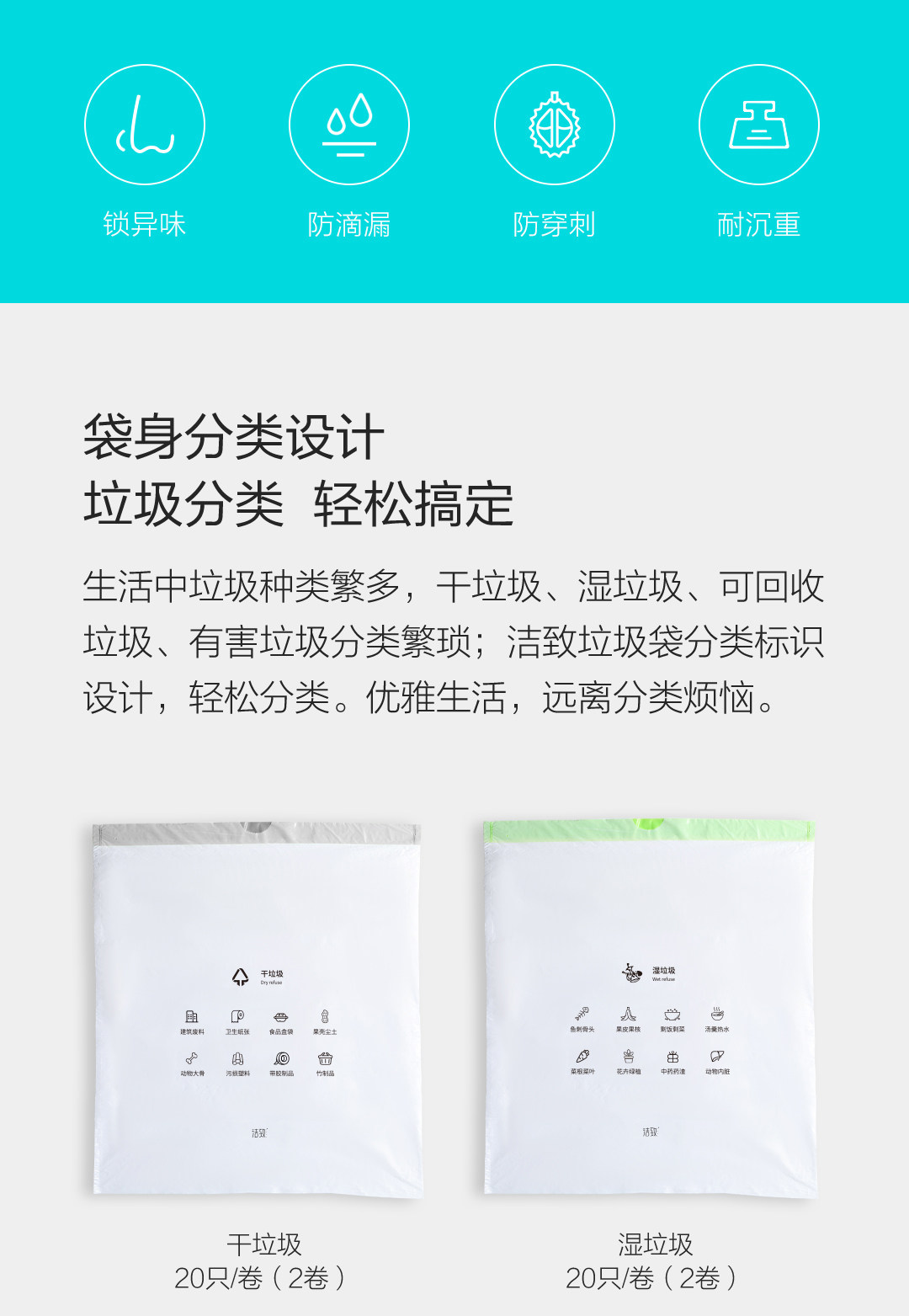 小米有品 洁致 可降解分类手提式垃圾袋 6卷120只 图2