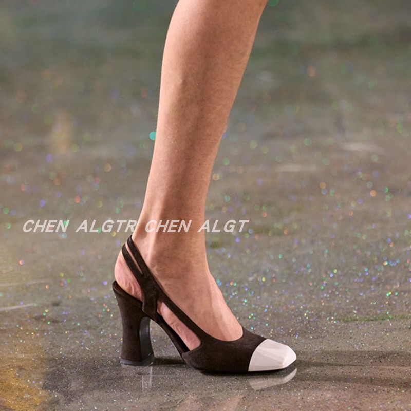 26C Spring/Summer Chanel-Style Suede Chunky Heel Closed-Toe Sandals for Women, Square Toe, Elastic Band, Color Block, 9cm Open-Back High Heels 26C Spring/Summer Chanel-Style Suede Chunky Heel Closed-Toe Sandals for Women, Square Toe, Elastic Band, Color Block, 9cm Open-Back High Heels
