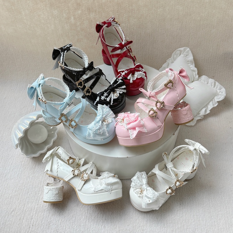 Moon Dream Glazed Moon Dream Original Lo Shoes with Unique Heel, Lolita Cute Round Toe Versatile Bowknot Moon Heel Shoes