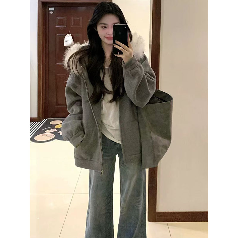 2026 New Style Fur Collar Hooded Sweatshirt Jacket for Women, Spring and Autumn Loose American High Street Style, Autumn and Winter Fleece-Lined Korean Baseball Jacket 2026 New Style Fur Collar Hooded Sweatshirt Jacket for Women, Spring and Autumn Loose American High Street Style, Autumn and Winter Fleece-Lined Korean Baseball Jacket