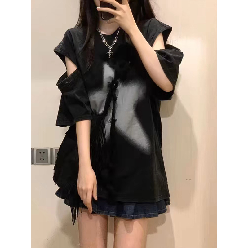 Chinese Trendy Brand American Retro High Street Regular Shoulder Star Detachable Short-Sleeve T-Shirt for Women, Summer Niche Design Top