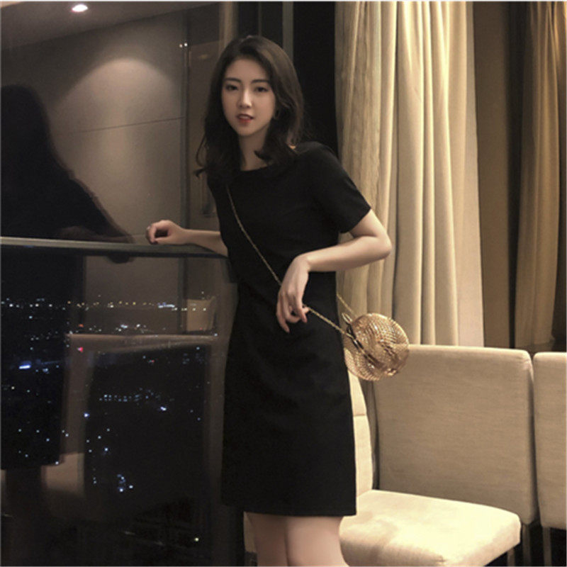 Korean spring and summer style loose straight tube thin black skirt retro simple temperament t-shirt skirt plus size dress female