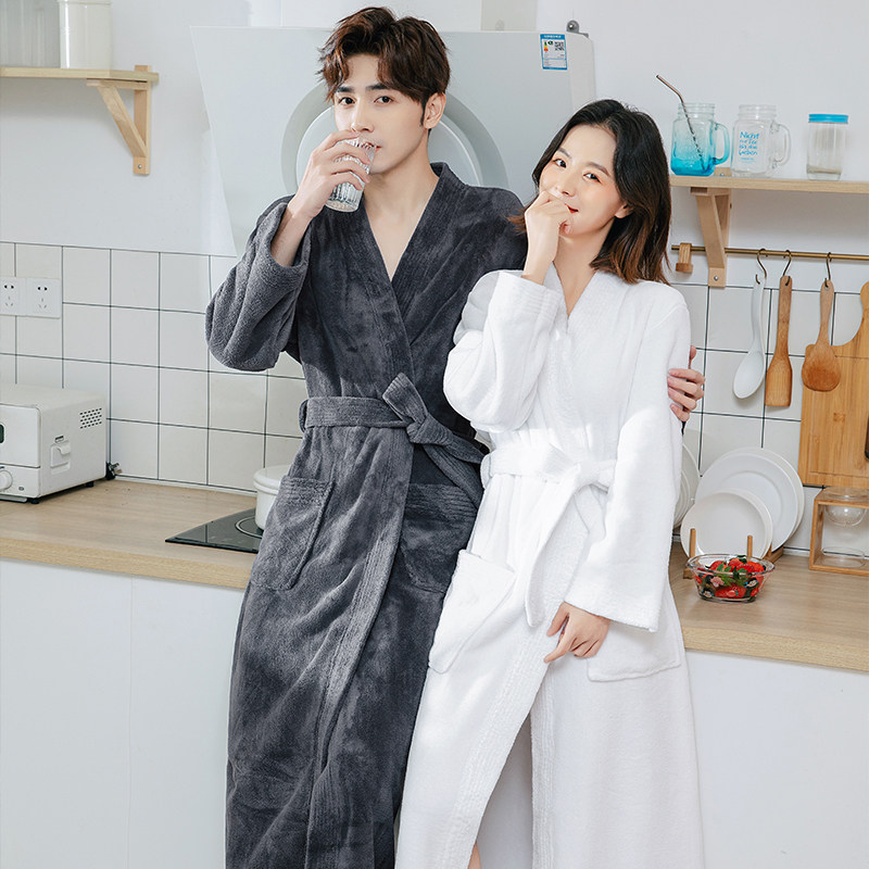 Hotel Bathrobes Coral Suede Coral Suede Instant dry bath clothes Men and women Long version lovers All Seasons Sleeping Robes Spring Autumn Thickened Pyjamas