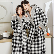 Couple nightgown womens autumn and winter extended thick coral velvet flannel plaid bathrobe warm mens winter pajamas
