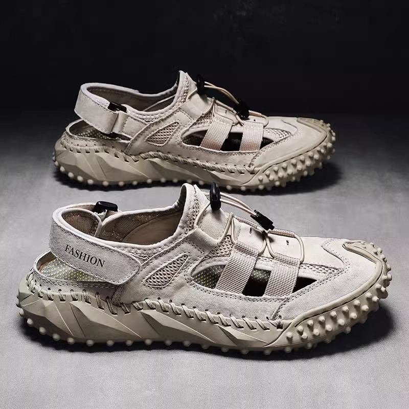 Sandals Men's Summer Outdoor Bull Leather Baotou Beach Shoes Breathable Casual Non-slip Big Code Dad Cool Drag Cave Shoes-Taobao