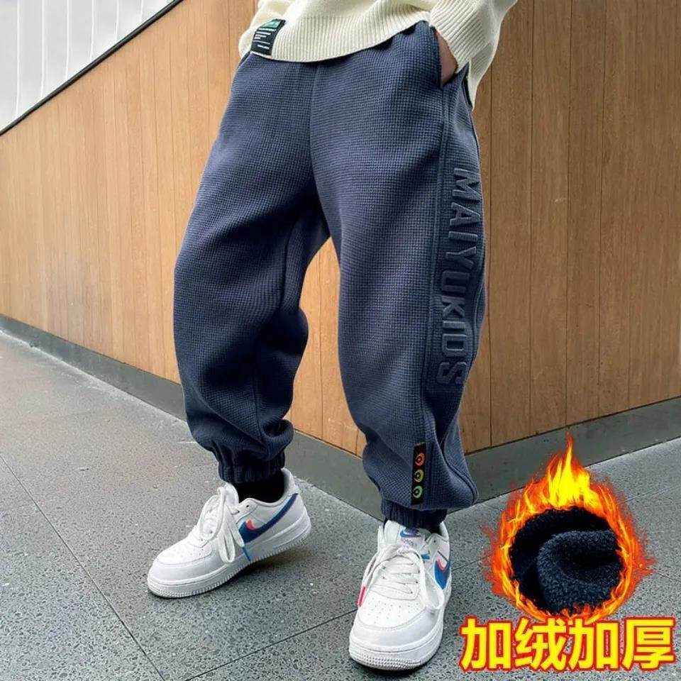 2022 Explosive Waffle Boys Casual Pants Autumn and Winter Fleece Medium and Big Boys Casual All-match Bump Letter Sports Pants