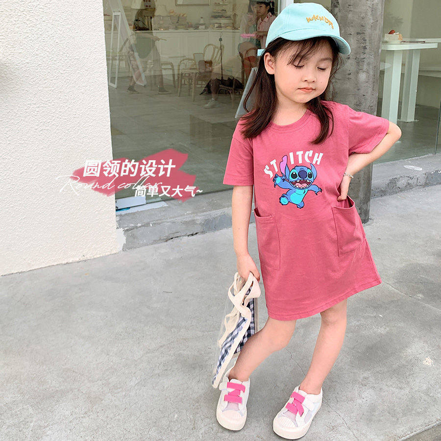 Girls 2022 summer new cotton cartoon printed short-sleeved t-shirt skirt children's baby girl casual dress