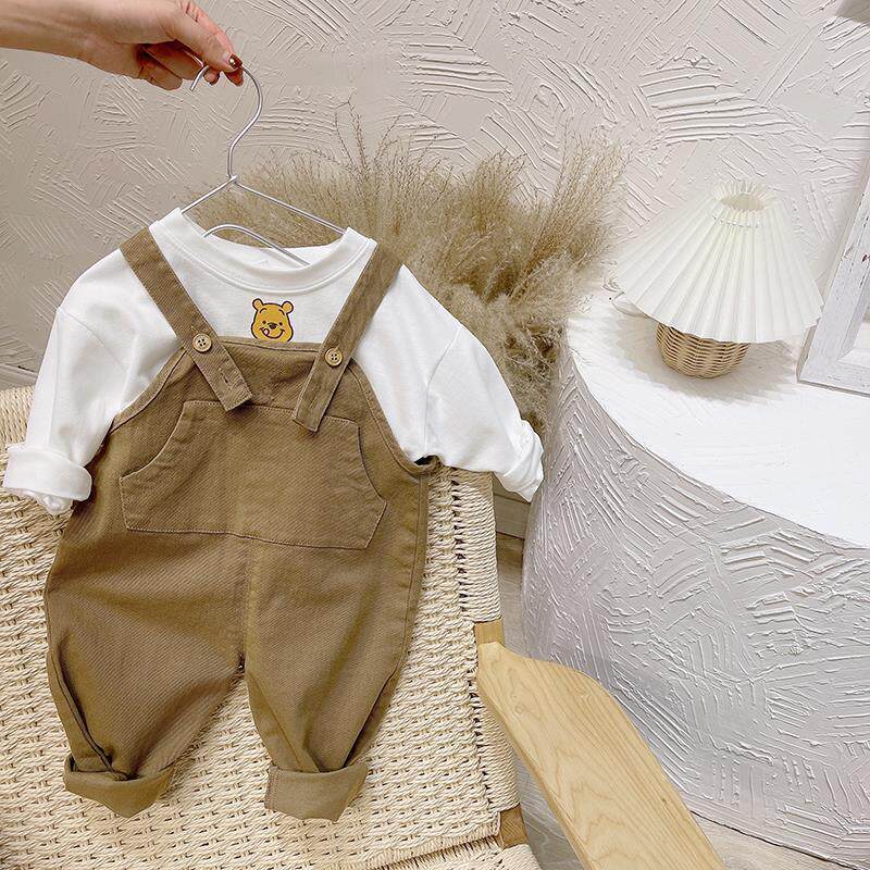 Baby suit two-piece bear loose long-sleeved jumpsuit Korean boys and girls cartoon pocket overalls autumn