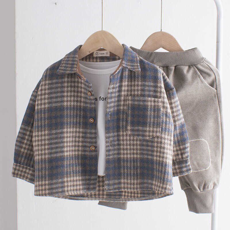 Retro literary fan boys and girls woolen shirts children's Korean version brushed loose tops baby cotton shirts spring