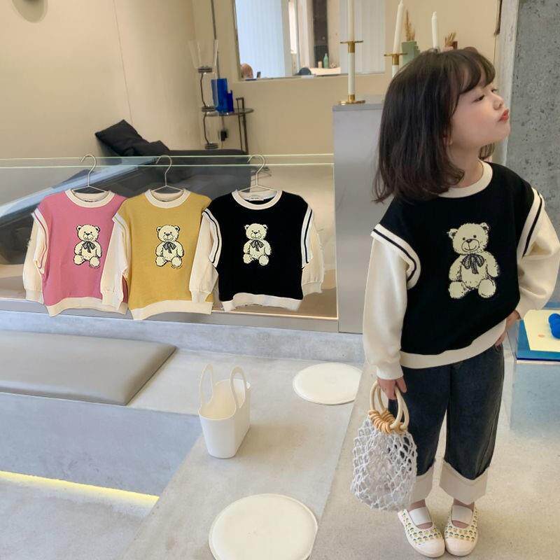 2022 girls' clothing spring new fake two-piece bear Korean version of the children's sweater baby Western style children's clothes autumn