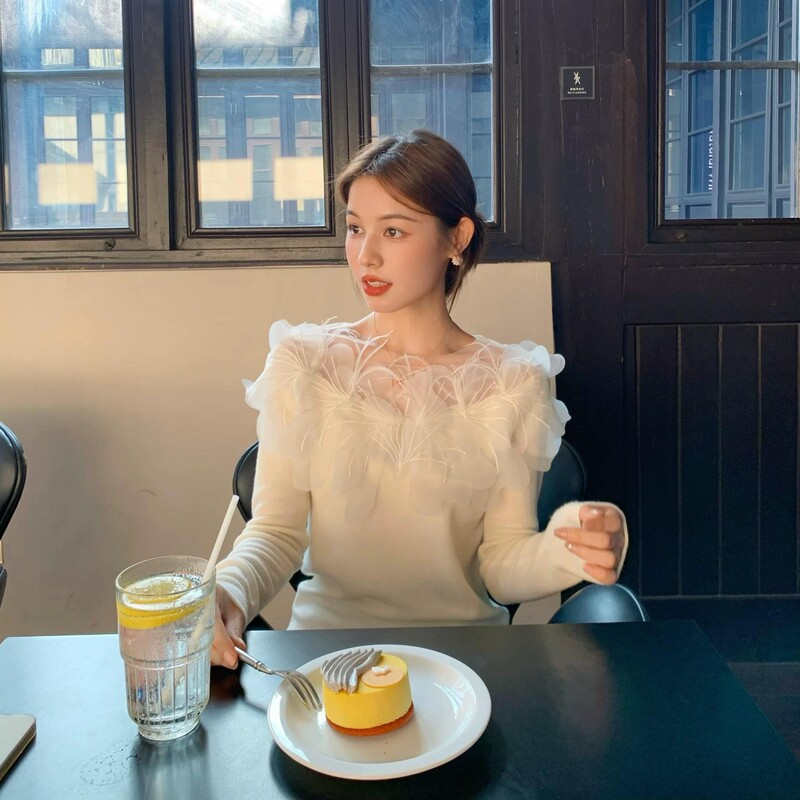 Gentle Swan Neck_Ostrich Feather Handmade Embroidery High-End Feather Top with Floral Mesh New Style Knitted Base Shirt Gentle Swan Neck_Ostrich Feather Handmade Embroidery High-End Feather Top with Floral Mesh New Style Knitted Base Shirt