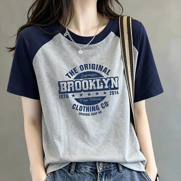 2026 Summer New Loose-Fitting Pure Cotton Color-Block Raglan Short-Sleeve T-Shirt for Women, Korean Style Fashionable Printed Versatile Top 2026 Summer New Loose-Fitting Pure Cotton Color-Block Raglan Short-Sleeve T-Shirt for Women, Korean Style Fashionable Printed Versatile Top